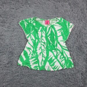 Lilly Pulitzer Tunic Shirt Girls 7/8 Green White Tropical V Neck Rayon Top